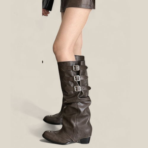 Women's Slouchy Western Knee-High Boots with Chunky Heels and Buckle Detail