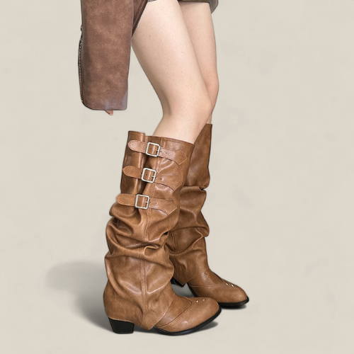Camel Slouchy Western Knee-High Boots with Chunky Heels and Buckle Detail