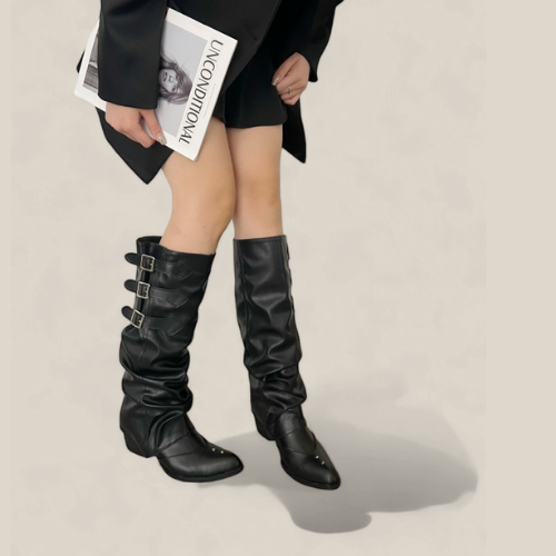 Black Slouchy Western Knee-High Boots with Chunky Heels and Buckle Detail