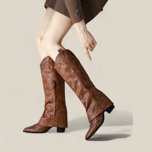 Camel Retro Pointed-Toe Studded Wide-Leg Boots
