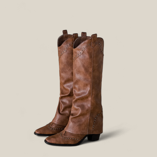 Camel Retro Pointed-Toe Studded Wide-Leg Boots