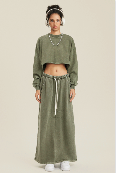 Khaki Green Two-Piece Set - Raw Hem Skirt & Cropped Long Sleeve Top with A-Line Skirt