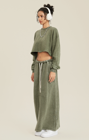 Khaki Green Two-Piece Set - Raw Hem Skirt & Cropped Long Sleeve Top with A-Line Skirt