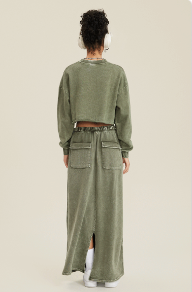 Khaki Green Two-Piece Set - Raw Hem Skirt & Cropped Long Sleeve Top with A-Line Skirt