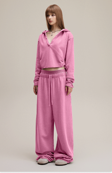 Pink Retro Baddie V-Neck Long Sleeve Double-Waist Sweat Set