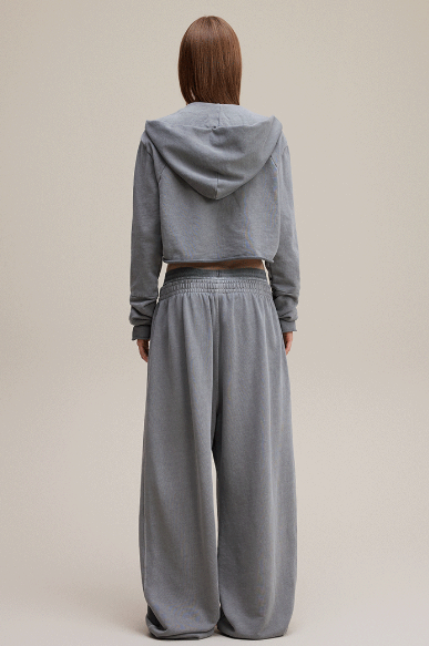 Grey Retro Baddie V-Neck Long Sleeve Double-Waist Sweat Set