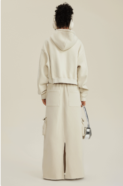 Retro Washed Fleece Zip-Up Crop Cardigan & Multi-Pocket A-Line Skirt Set