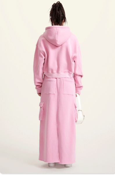 Pink Retro Washed Fleece Zip-Up Crop Cardigan & Multi-Pocket A-Line Skirt Set
