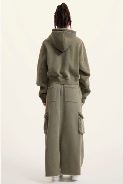 Khaki Green Retro Washed Fleece Zip-Up Crop Cardigan & Multi-Pocket A-Line Skirt Set