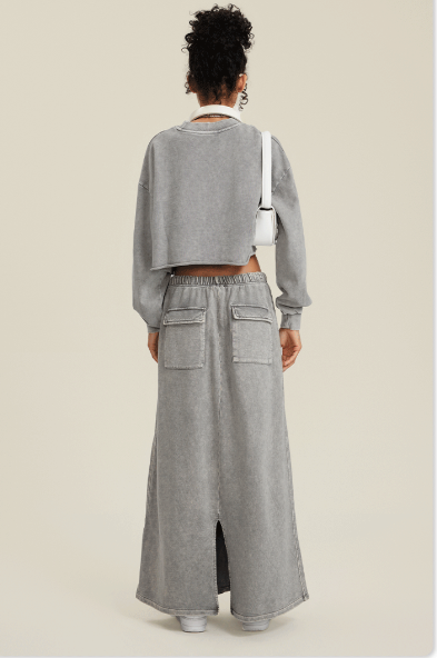 Grey Two-Piece Set - Raw Hem Skirt & Cropped Long Sleeve Top with A-Line Skirt