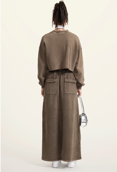 Brown Two-Piece Set - Raw Hem Skirt & Cropped Long Sleeve Top with A-Line Skirt