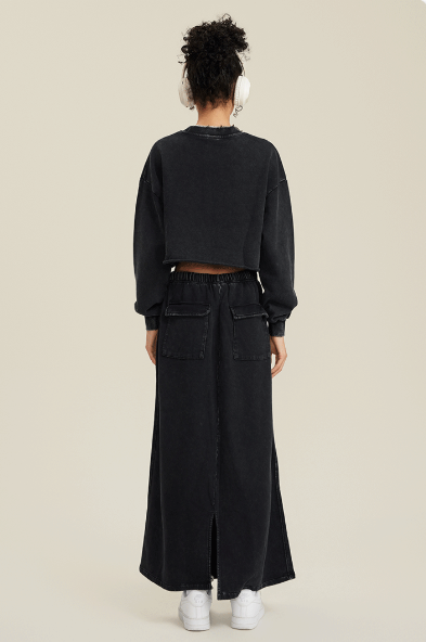 Black Two-Piece Set - Raw Hem Skirt & Cropped Long Sleeve Top with A-Line Skirt