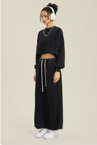 Black Two-Piece Set - Raw Hem Skirt & Cropped Long Sleeve Top with A-Line Skirt