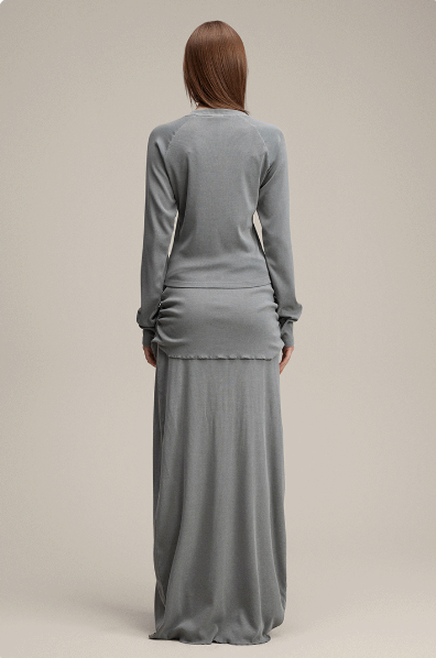 Grey Pure & Sexy Asymmetrical Off-Shoulder Waist-Cinching Long Sleeve Top and Maxi Skirt Set