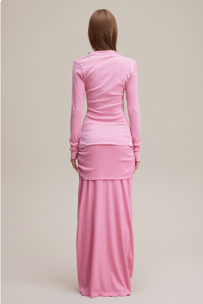 Pink Pure & Sexy Asymmetrical Off-Shoulder Waist-Cinching Long Sleeve Top and Maxi Skirt Set
