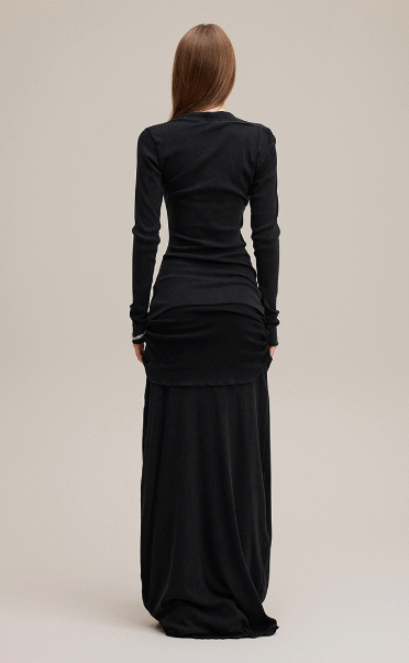 Black Pure & Sexy Asymmetrical Off-Shoulder Waist-Cinching Long Sleeve Top and Maxi Skirt Set