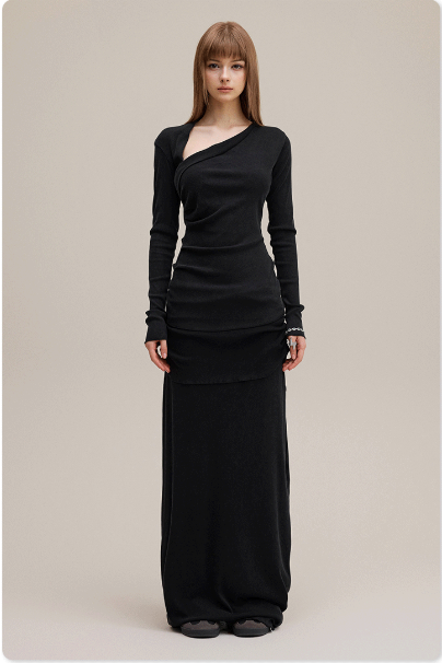 Black Pure & Sexy Asymmetrical Off-Shoulder Waist-Cinching Long Sleeve Top and Maxi Skirt Set