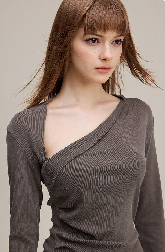 Brown Pure & Sexy Asymmetrical Off-Shoulder Waist-Cinching Long Sleeve Top and Maxi Skirt Set