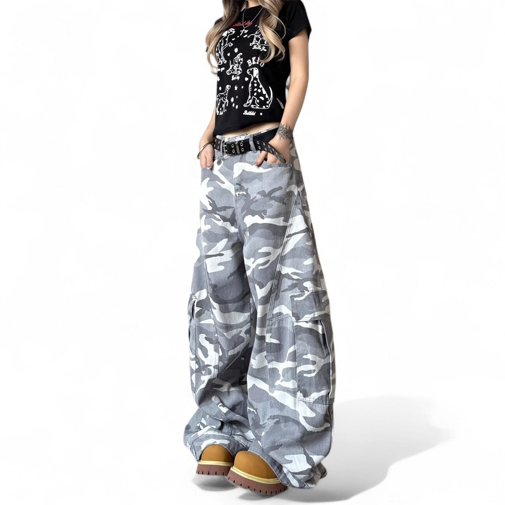 retro white camouflage wide-leg cargo pants