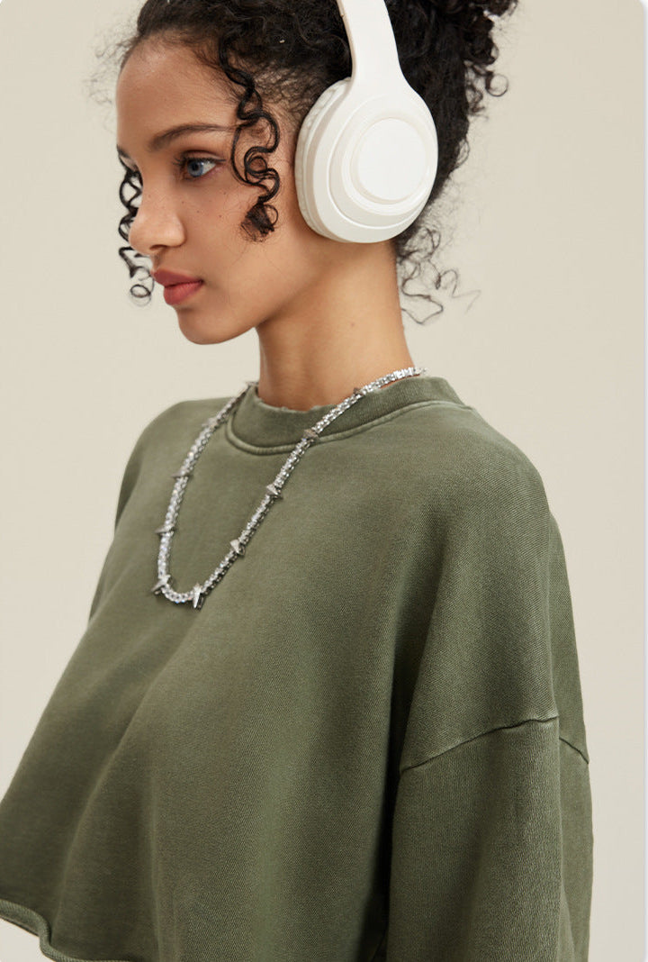 Khaki Green Two-Piece Set - Raw Hem Skirt & Cropped Long Sleeve Top with A-Line Skirt