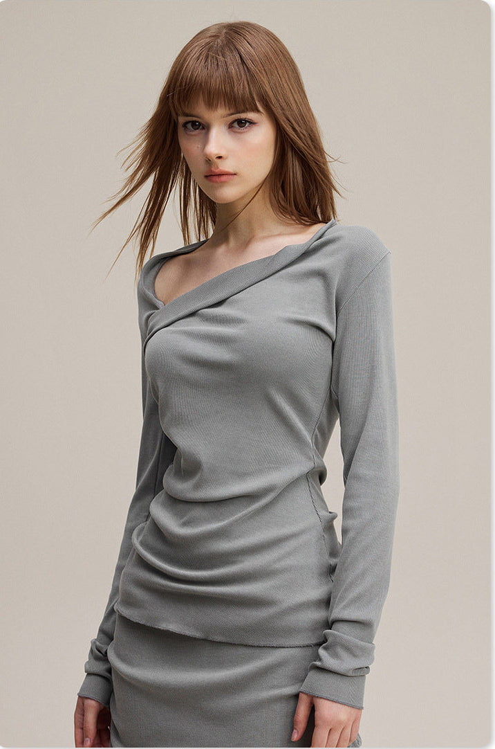 Grey Pure & Sexy Asymmetrical Off-Shoulder Waist-Cinching Long Sleeve Top and Maxi Skirt Set