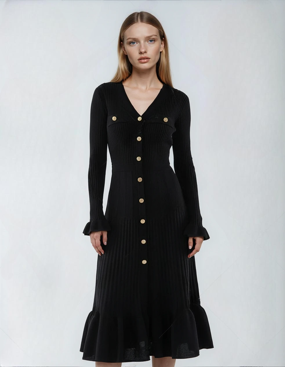 Black Elegant French-Style Ruffled Knit Dress