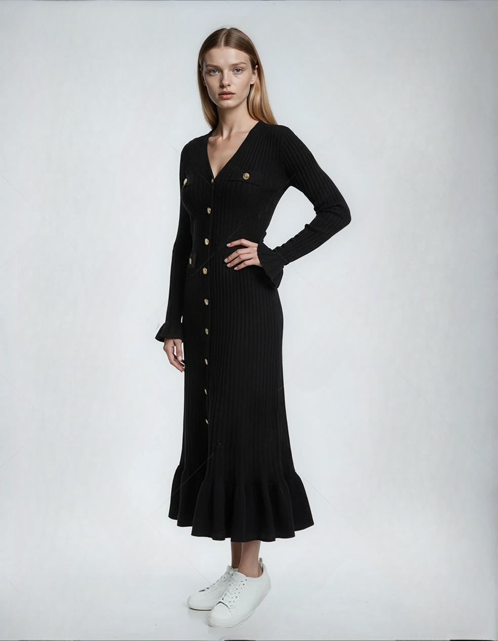 Black Elegant French-Style Ruffled Knit Dress