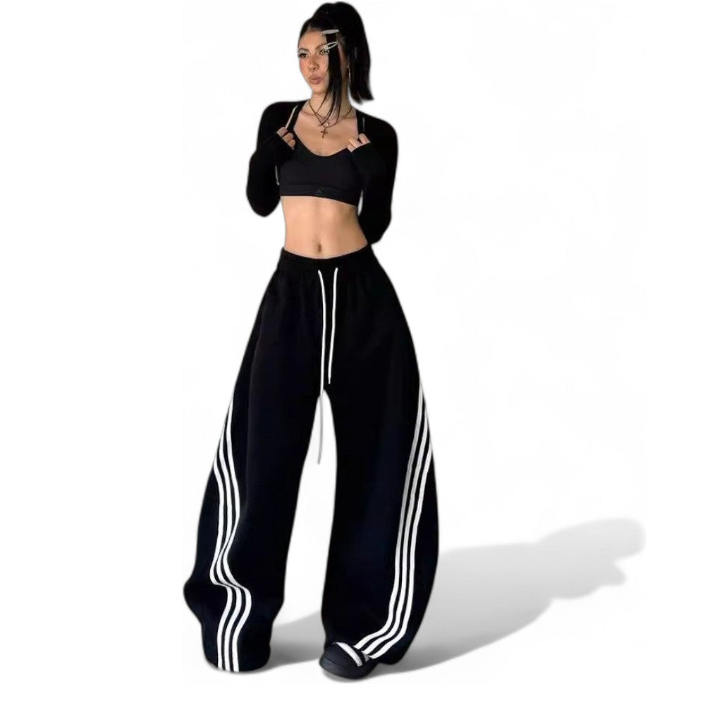 Black -White Street Stripe Contrast Wide-leg Sweatpants