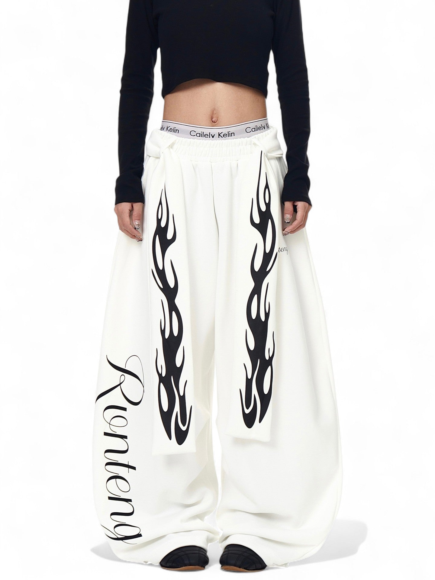 wihte flame letter print casual loose sweatpants