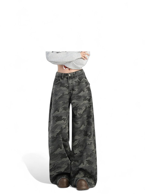Grey camouflage high-waisted wide-leg pants