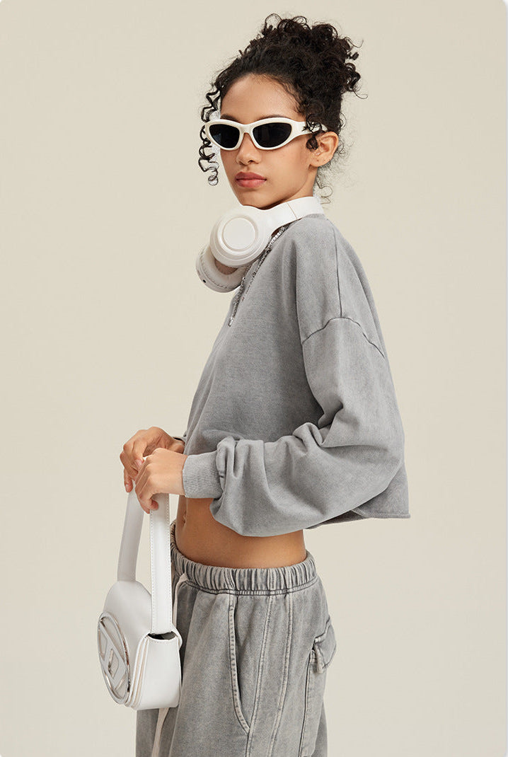 Grey Two-Piece Set - Raw Hem Skirt & Cropped Long Sleeve Top with A-Line Skirt