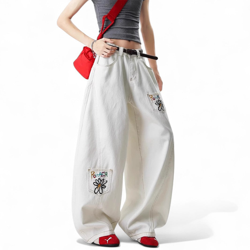 Vintage Flower Embroidery Print White Jeans