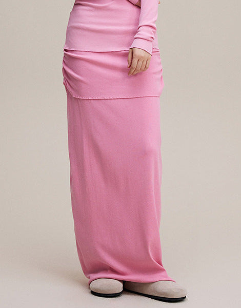 Pink Pure & Sexy Asymmetrical Off-Shoulder Waist-Cinching Long Sleeve Top and Maxi Skirt Set