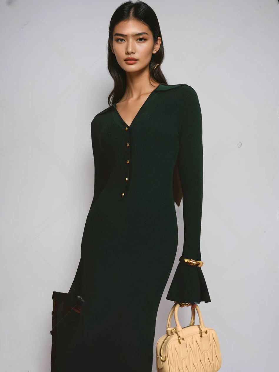 long knitted bottle green dress with flared sleeves and collar