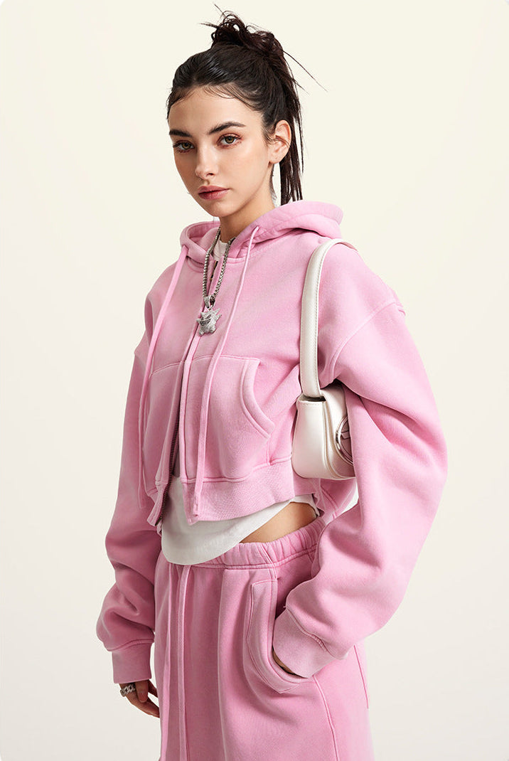 Pink Retro Washed Fleece Zip-Up Crop Cardigan & Multi-Pocket A-Line Skirt Set