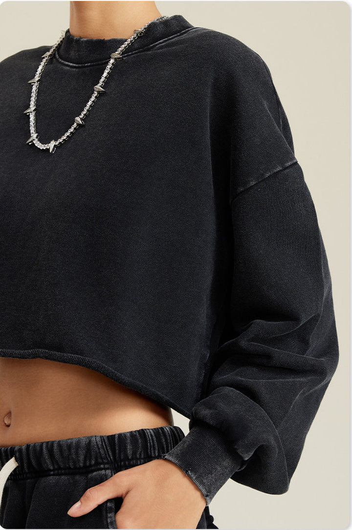 Black Two-Piece Set - Raw Hem Skirt & Cropped Long Sleeve Top with A-Line Skirt