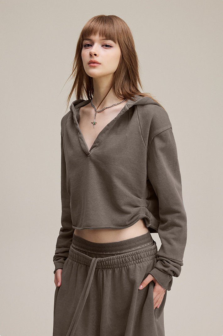 Retro Baddie V-Neck Long Sleeve Double-Waist Sweat Set