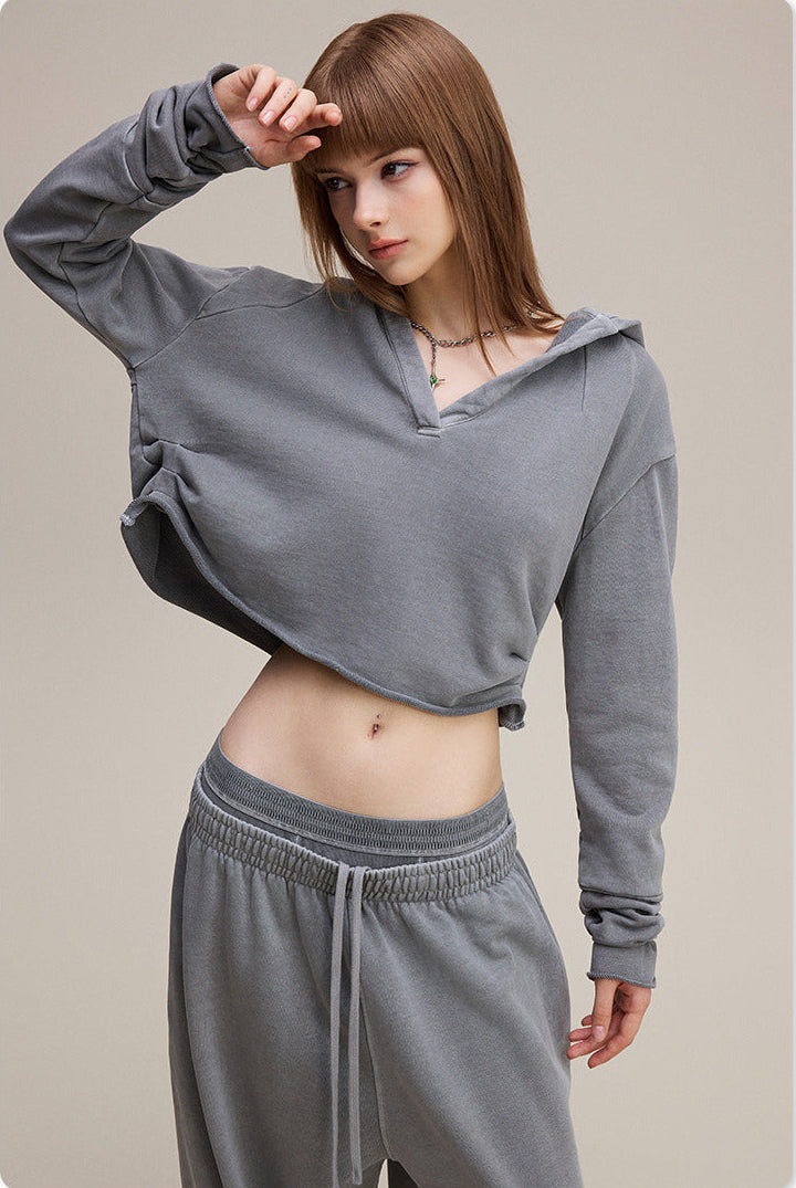 Grey Retro Baddie V-Neck Long Sleeve Double-Waist Sweat Set