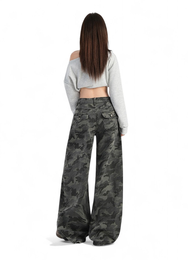Grey camouflage high-waisted wide-leg pants