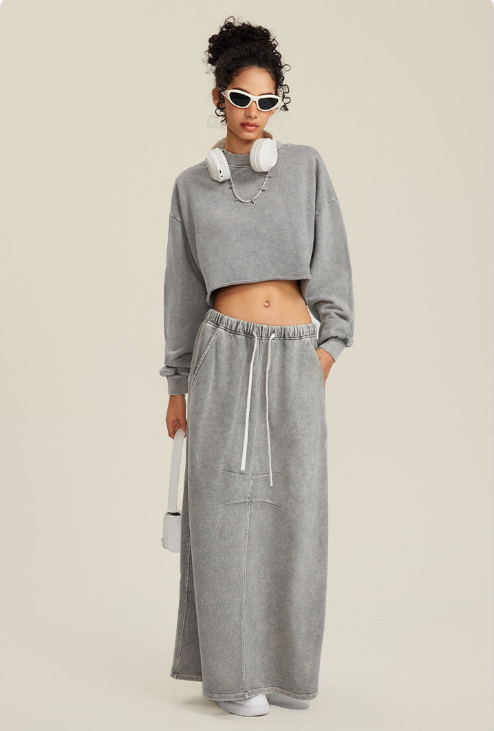 Grey Two-Piece Set - Raw Hem Skirt & Cropped Long Sleeve Top with A-Line Skirt