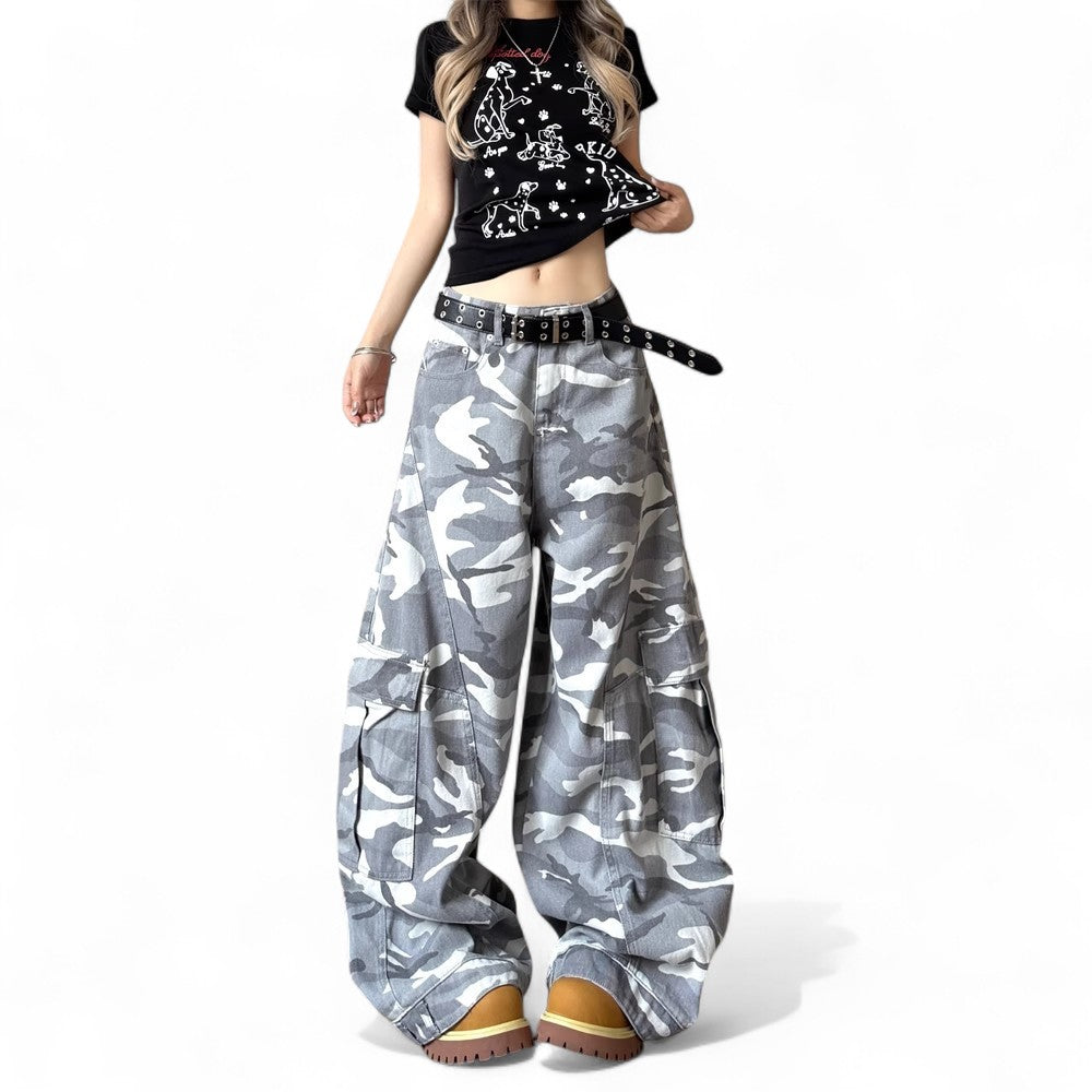 retro white camouflage wide-leg cargo pants