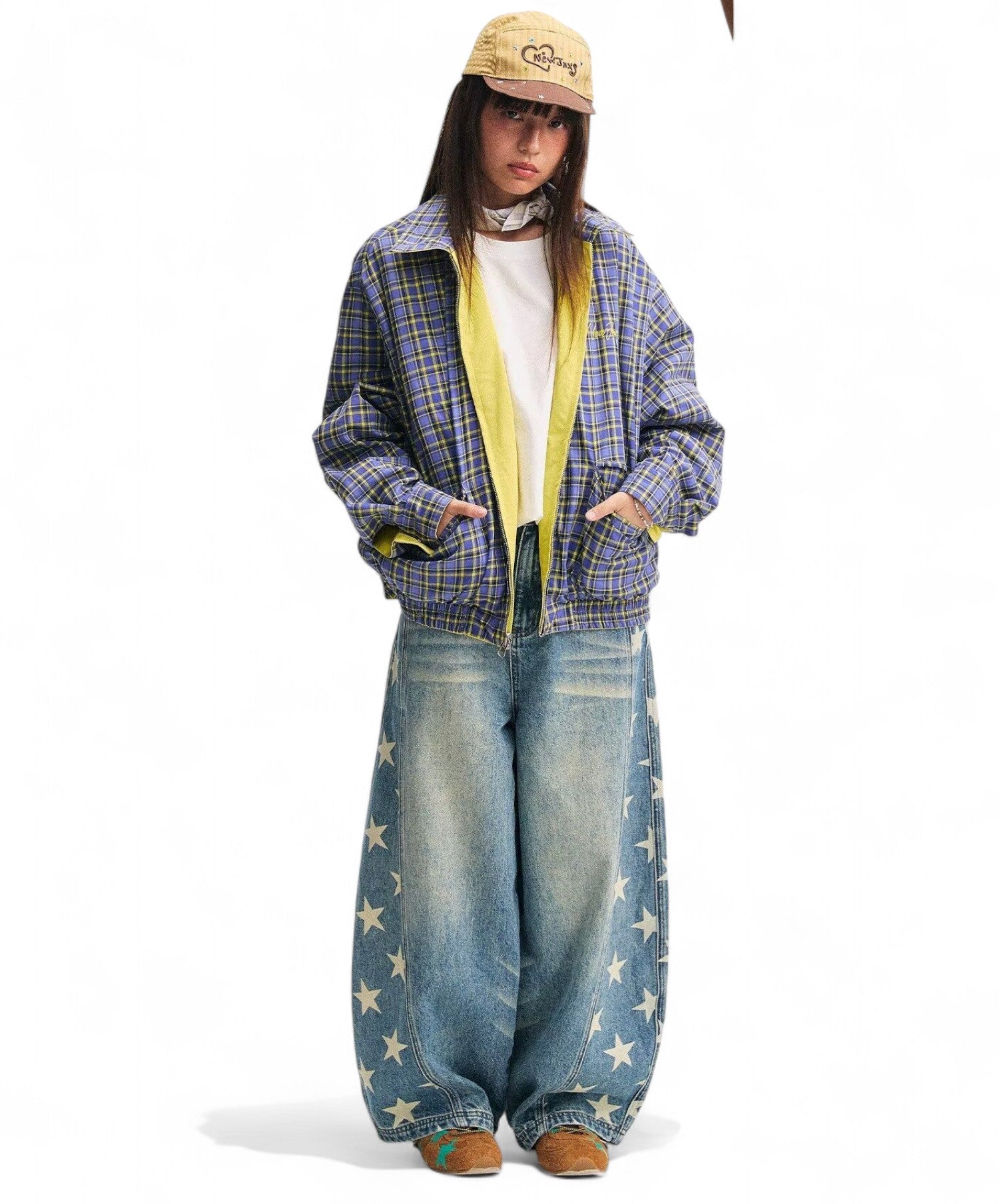 Design sense star side cut print wide-leg jeans