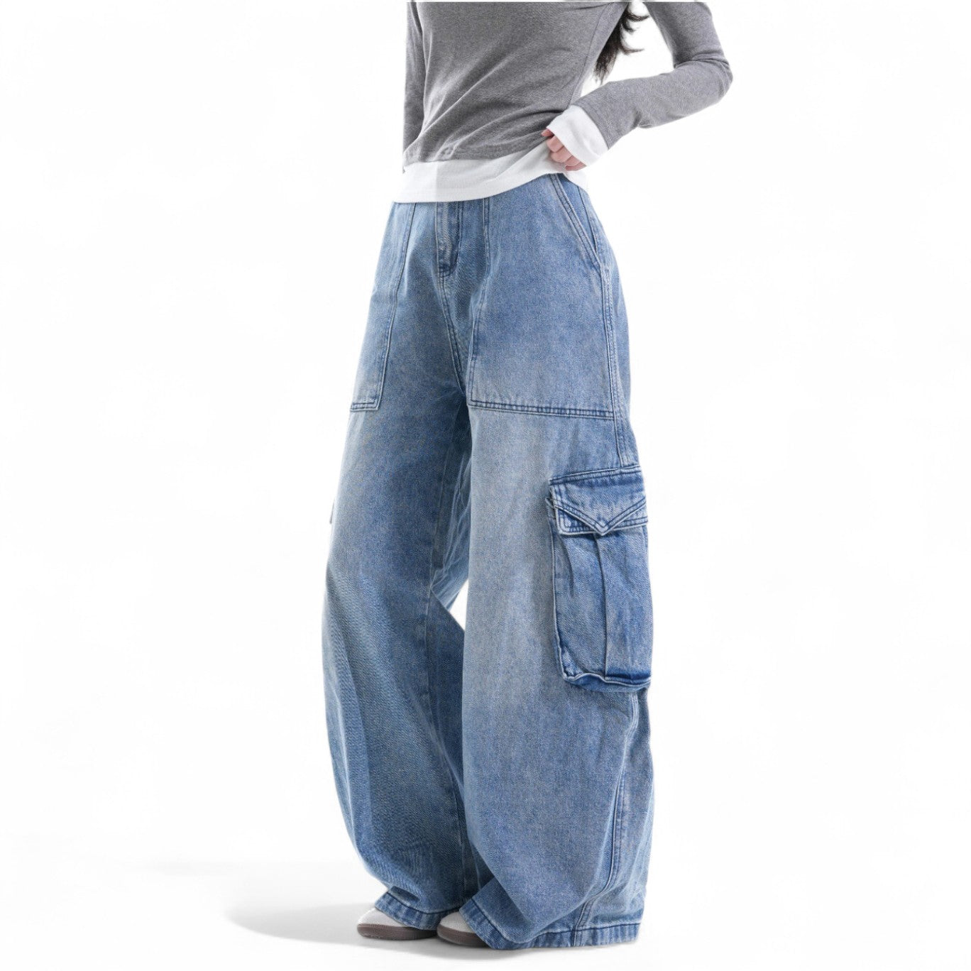 design sense large pockets loose wide-leg  pants