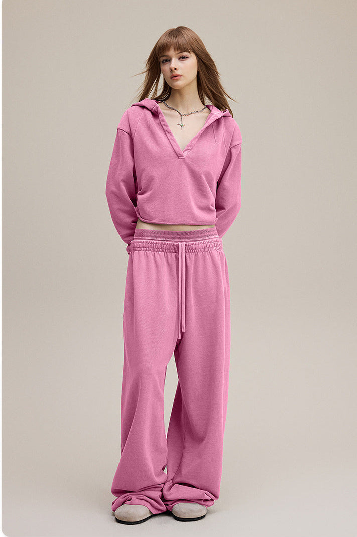 Pink Retro Baddie V-Neck Long Sleeve Double-Waist Sweat Set