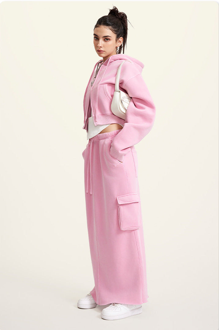 Pink Retro Washed Fleece Zip-Up Crop Cardigan & Multi-Pocket A-Line Skirt Set