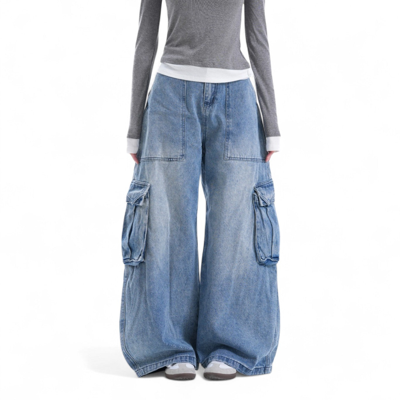 design sense large pockets loose wide-leg  pants