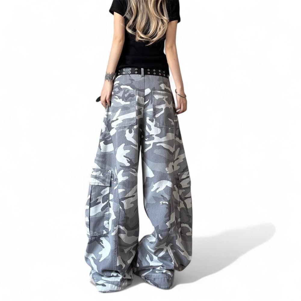 retro white camouflage wide-leg cargo pants
