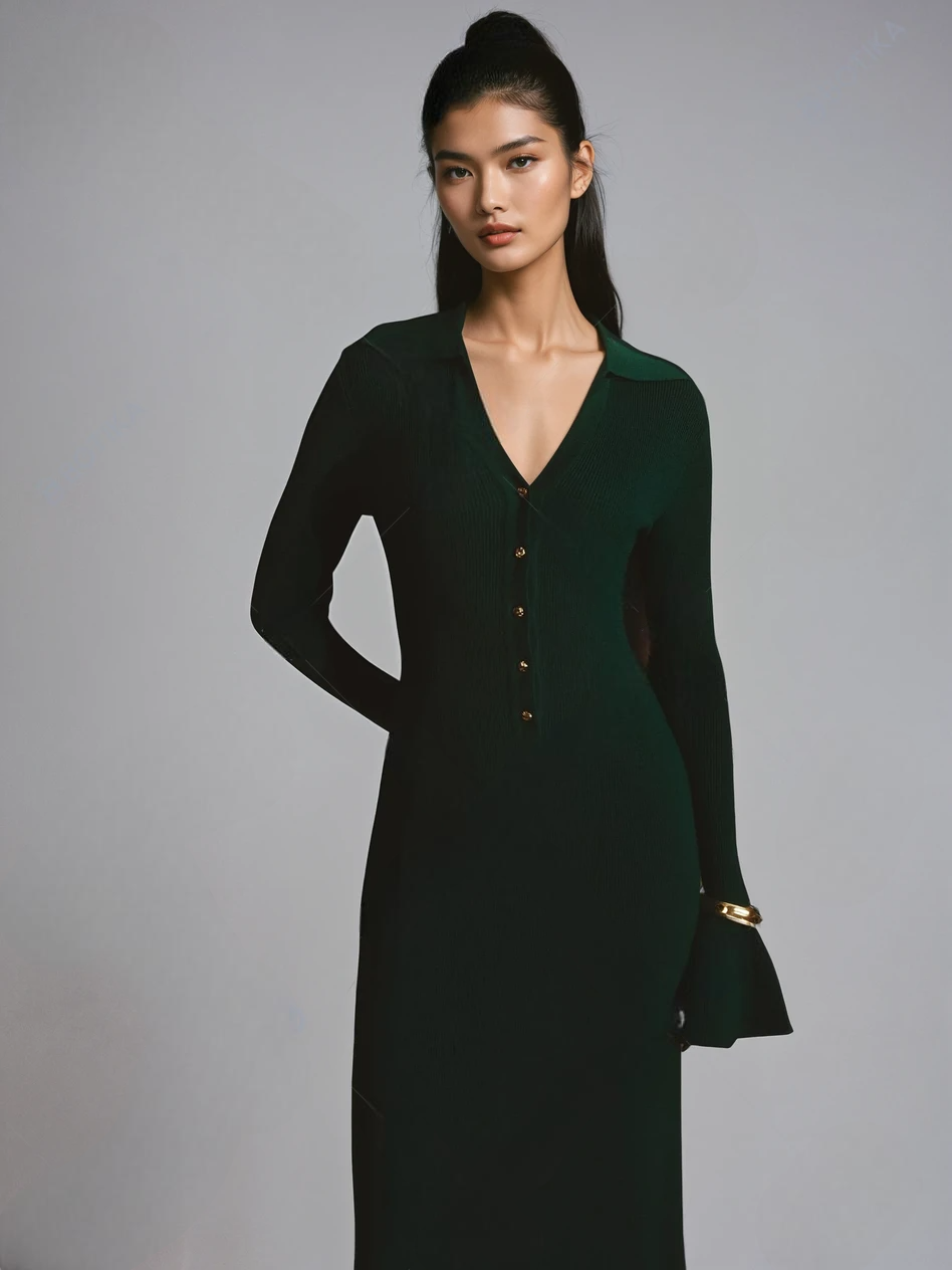 long knitted bottle green dress with flared sleeves and collar