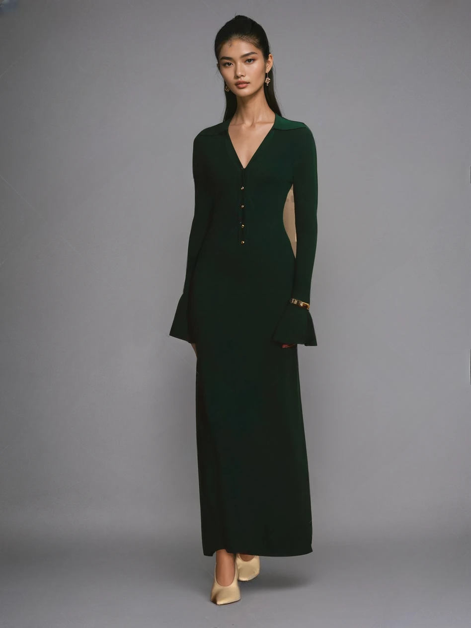 long knitted bottle green dress with flared sleeves and collar