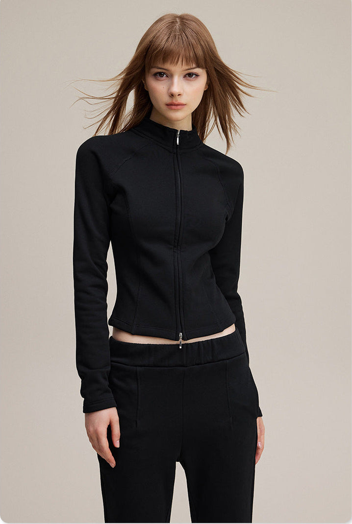Vintage Premium quality Stand Collar Zipper Lulu Style Mousse Texture Slim-Fit Long Sleeve Track Suit